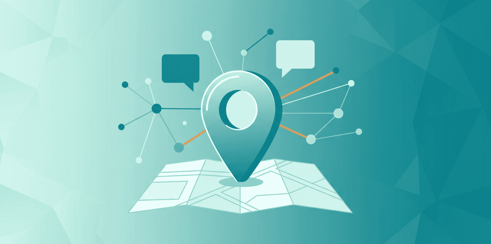 Stylised illustration of a teal map pin surrounded by AI chat bubbles and a network of connection nodes, representing AI-powered local business discovery.