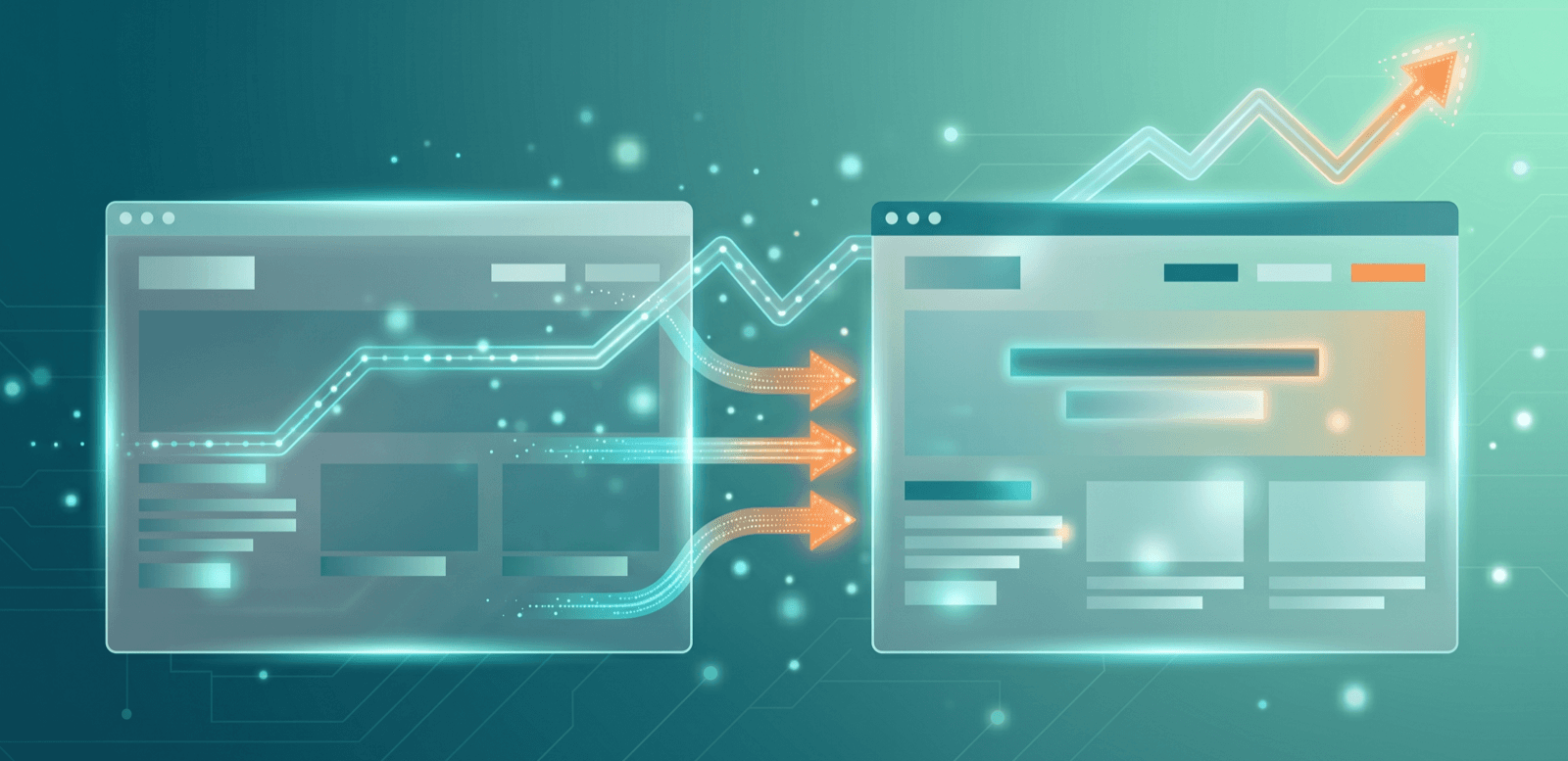 Stylised illustration of two website wireframes side by side, an older one and a refreshed one, connected by a bridge of arrows, with a small upward-trending graph line preserved above both.