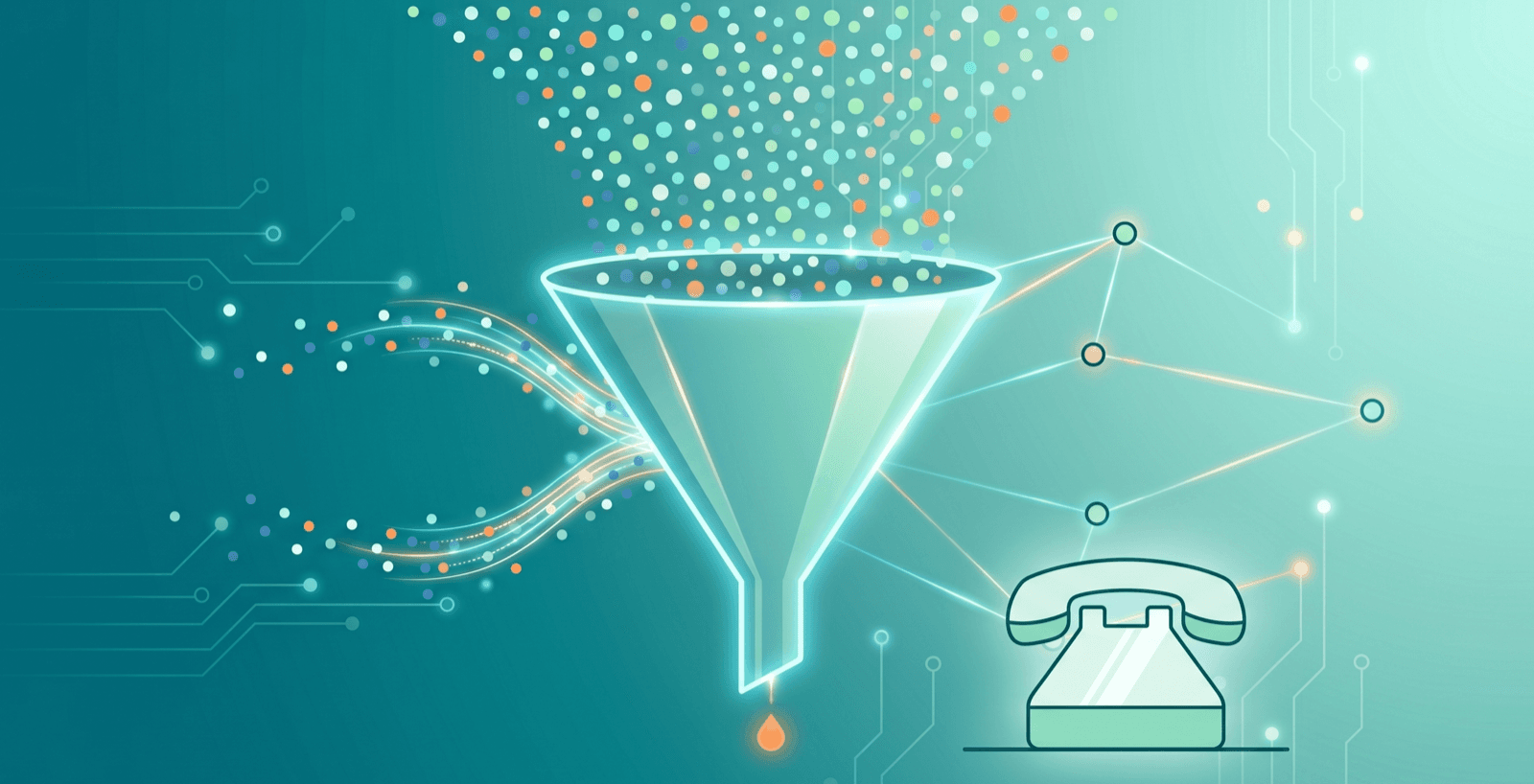 Stylised illustration of a funnel with a stream of visitor dots entering the top and only a single drop emerging at the bottom, beside a silent telephone icon.